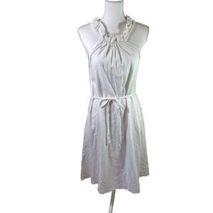 NWT Banana Republic Ruffle Neck Linen Blend White Midi Dress Pockets Lined Sz XS
